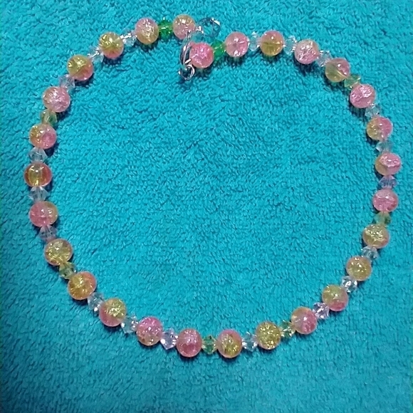 Pink yellow clear green cracked glass wire necklace handmade - Picture 1 of 3
